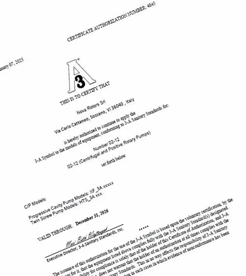 3-A pompe sanitarie certificate